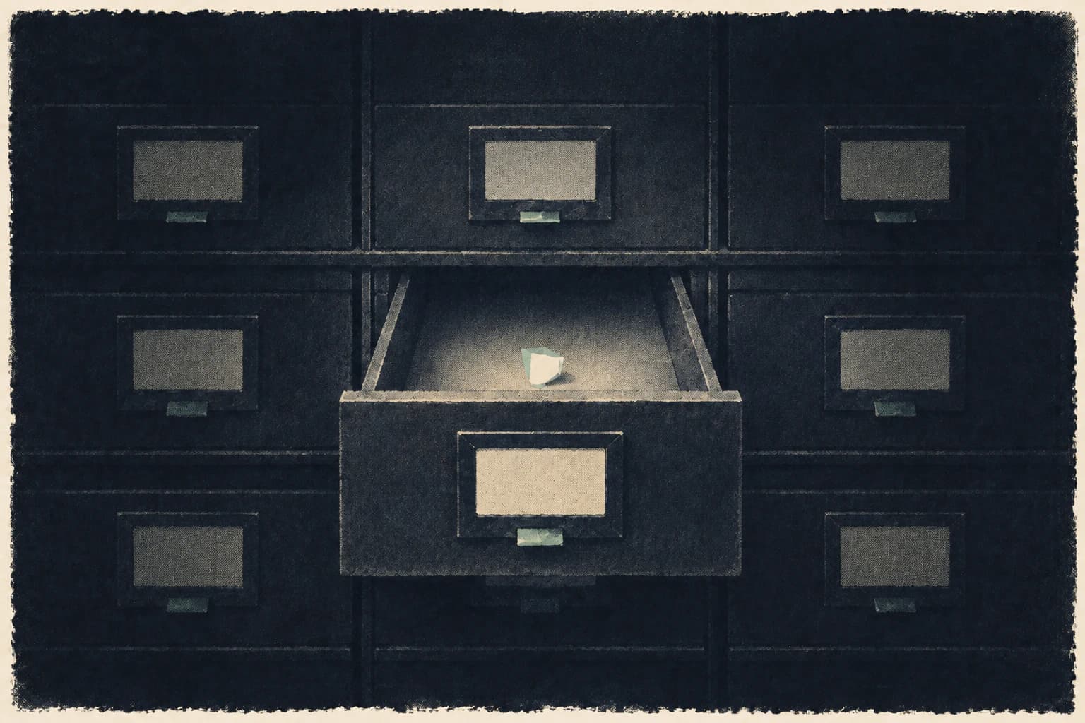 An open drawer holding a pale fragment among rows of blank-labelled archive drawers.