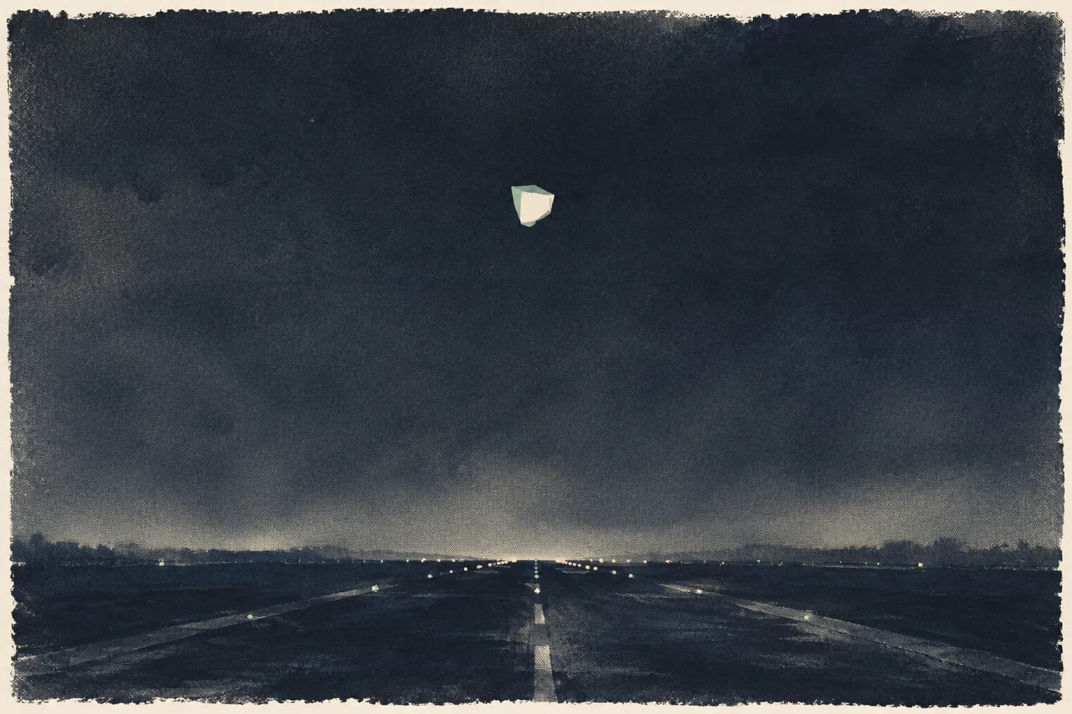 A pale, unidentifiable shape suspended above a dark runway.