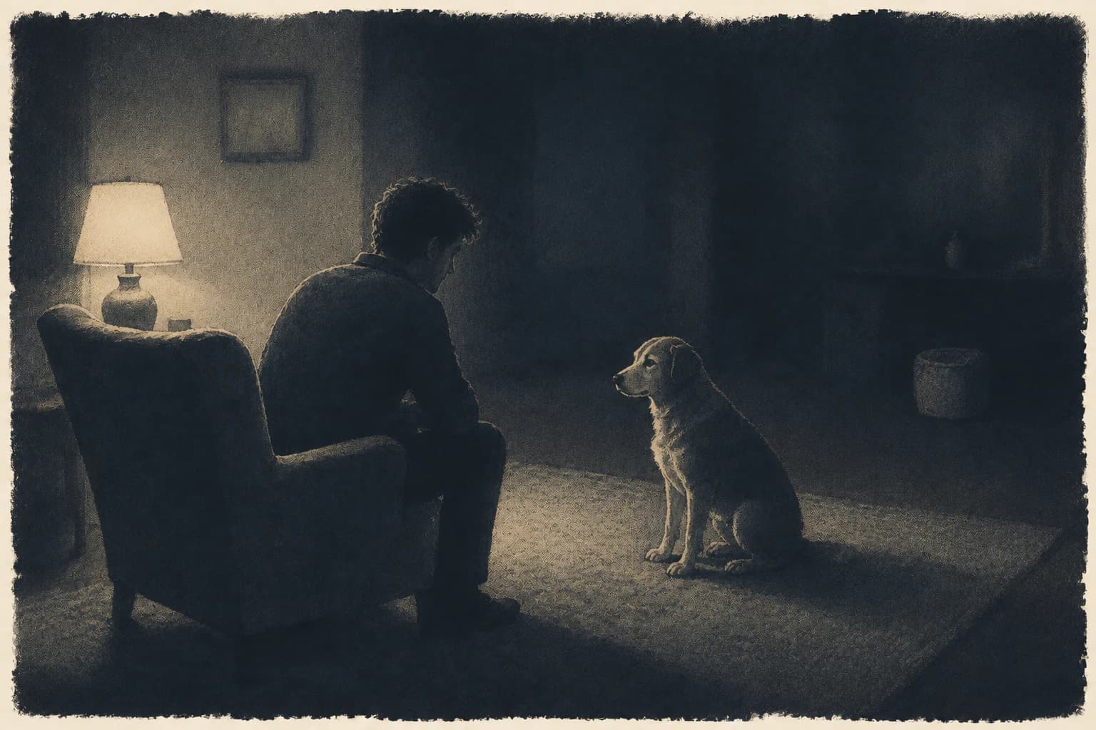 A person leaning toward an ordinary dog in a dim living room.