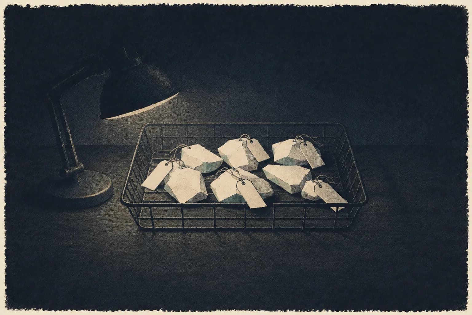 An in-tray on a dark desk under a lamp, holding a heap of pale fragments, each with a blank paper tag.