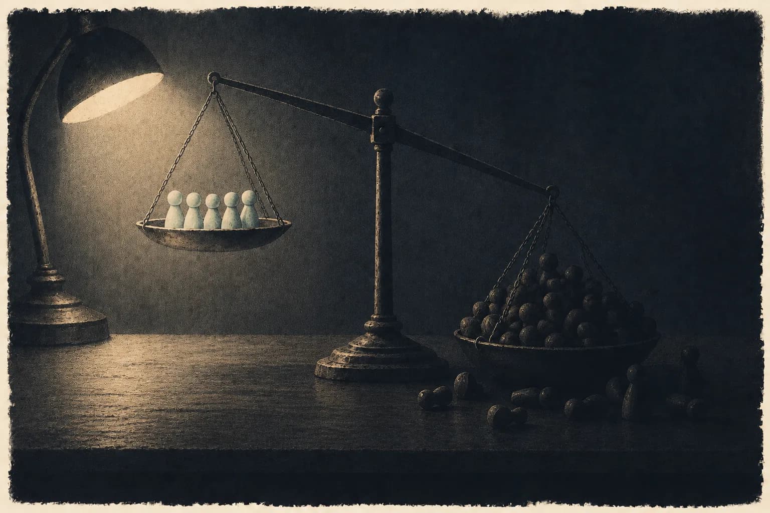 A two-pan balance on a dark desk: five pale figures in the pan under the lamp, and a heap of dark ones in the far lower pan, in shadow.