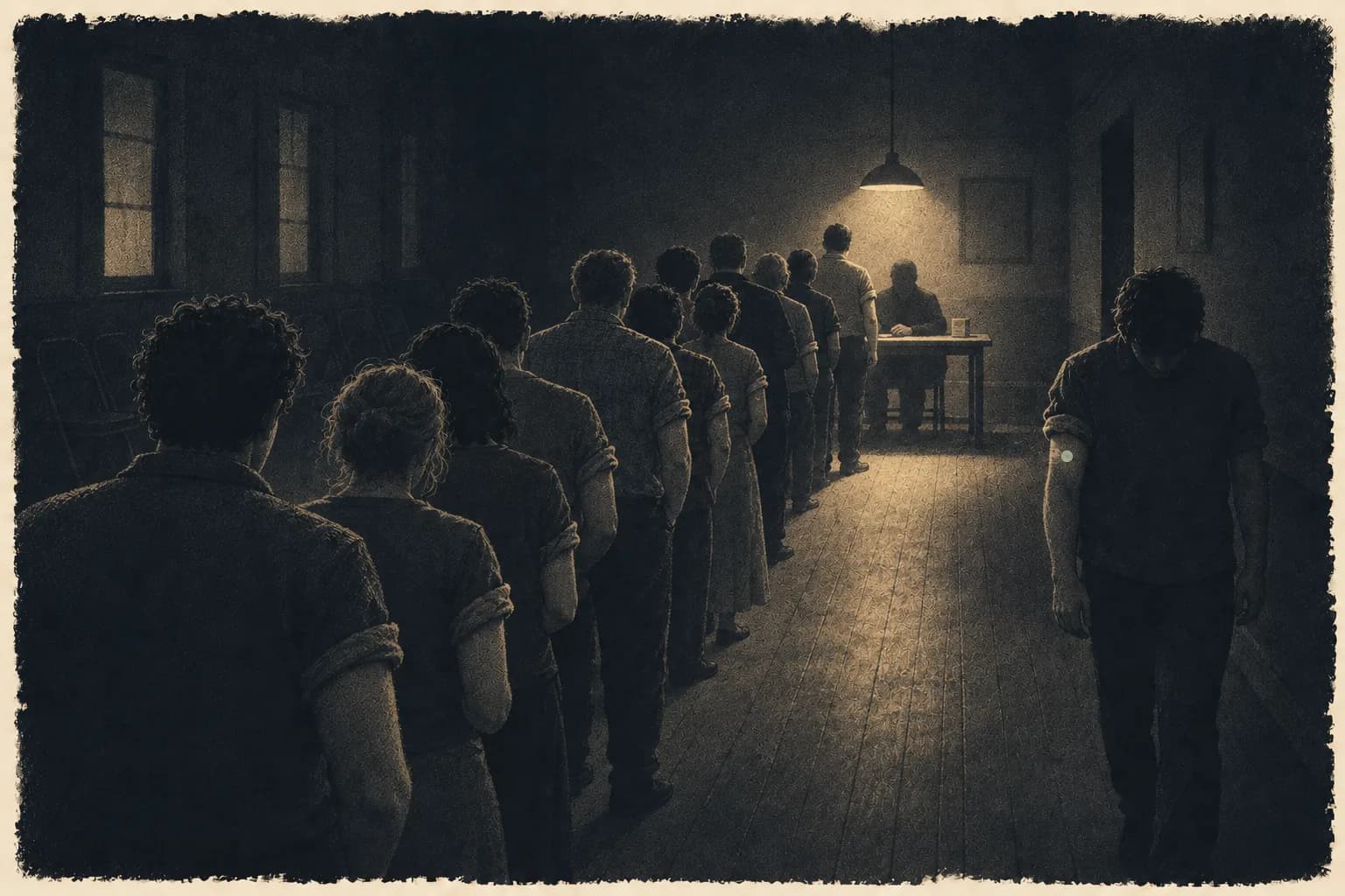 A line of people with rolled-up sleeves in a dim hall, waiting for a table under a single hanging lamp, while one walks away with a small pale plaster on the arm.