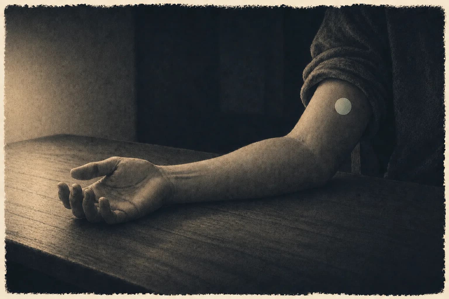 A bare arm resting on a wooden table, sleeve rolled up and hand open, with a small round pale plaster on the upper arm.