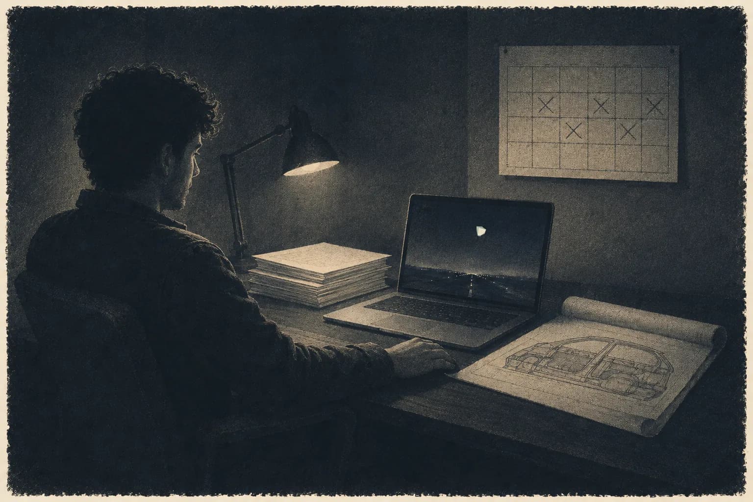 A man at a desk at night with a paused video of a pale shape on a laptop, printed reports, a patent drawing and a calendar with crossed-out dates.