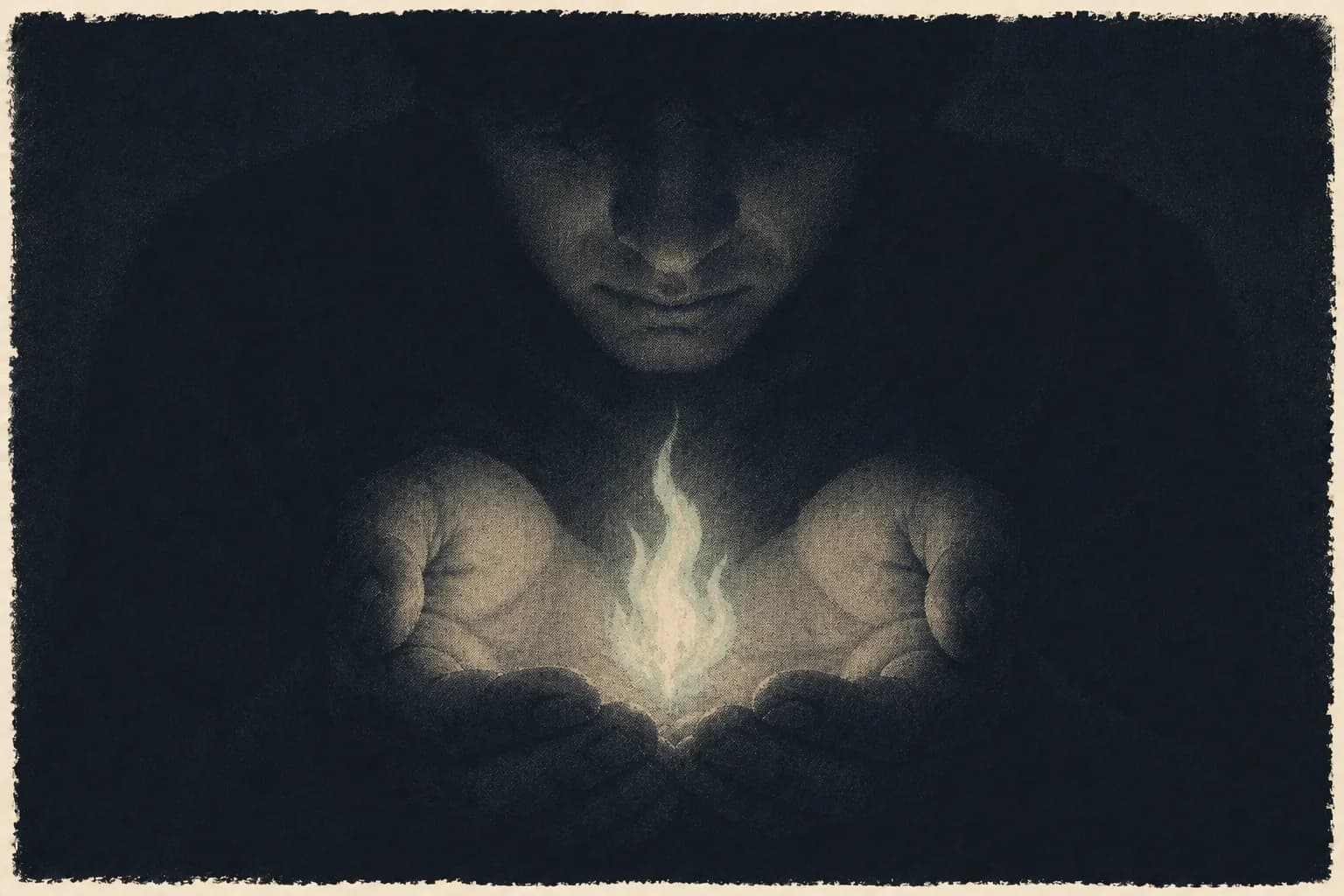 Two cupped hands carrying a small pale flame through the dark.