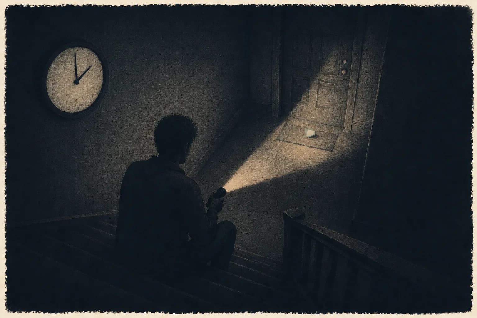 A person sitting on dark stairs at night holding a torch, a wall clock showing two.