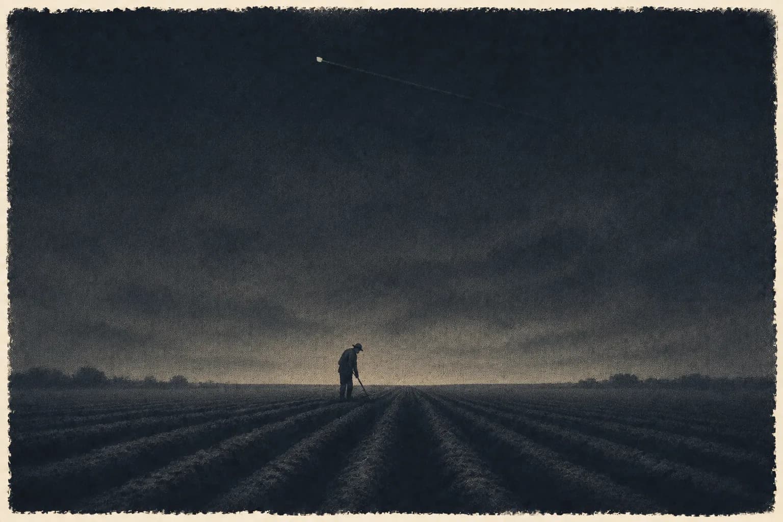 A lone figure on a flat ploughed field at dusk, a faint satellite track crossing the sky.
