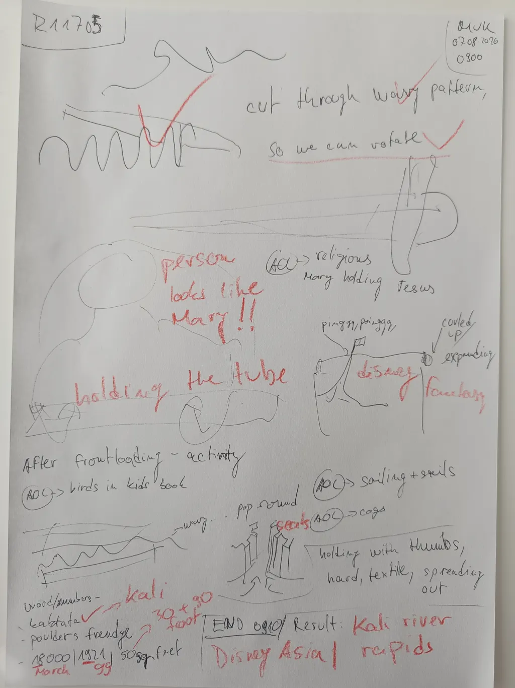 Handwritten session sheet for target R11705 with pencil sketches of wavy patterns and figures and red feedback annotations; the revealed target was the Kali river rapids ride at Disney Asia.