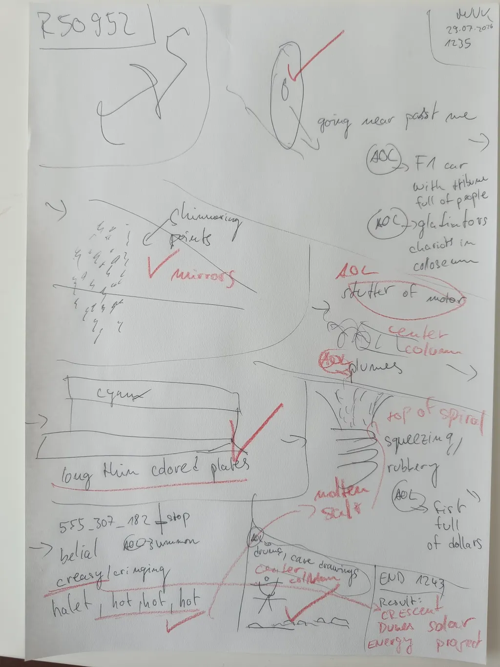 Handwritten session sheet for target R50952 with pencil sketches and red feedback annotations; the revealed target was the Crescent Dunes solar energy project.